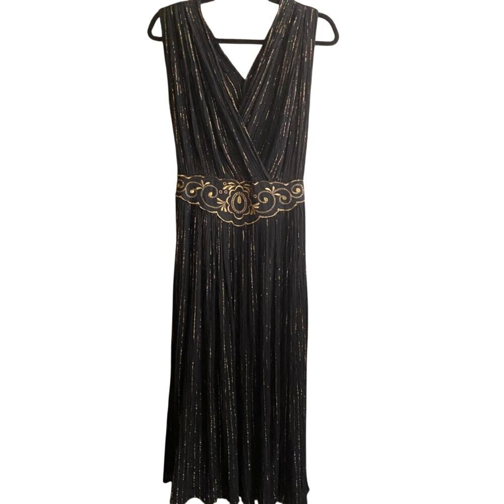Vintage black and gold striped flowy Goddess sun dress, cotton, gauzy, long